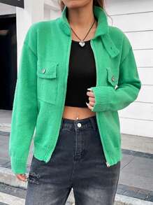 SHEIN Essnce Flap Pocket Drop Shoulder Zip Up Cardigan - Green - View 5