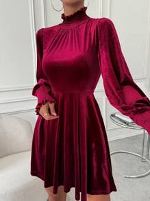 SHEIN Clasi Frill Trim Lantern Sleeve Velvet Dress