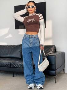 SHEIN Unity Gestreifter & floraler Muster Raglan Ärmel Crop Strick Pullover Herbst Winter Pullover - Kaffeebraun - Übersicht 5