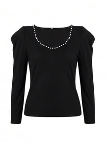 V-neck Beaded Puff Sleeve Top - Black - View 3