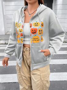 Flirla 加大码万圣节印花落肩抽绳套头卫衣秋季卫衣 - 灰色 - 查看 1