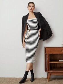 BizChic Sọc Dây đeo Mì Ý  Đồ đan Ribbed Đầm Áo len - Đen và trắng - Xem 1