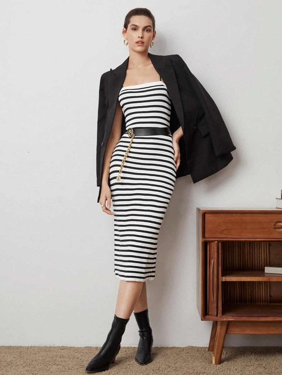 BizChic Sọc Dây đeo Mì Ý Đồ đan Ribbed Đầm Áo len - Đen và trắng - Xem 1
