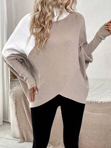SHEIN LUNE Turtleneck Asymmetrical Hem Batwing Sleeve Sweater - Khaki - View 6