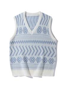 Manfinity Hypemode Men 1pc Geo Pattern Sweater Vest - Blue and White - View 1