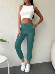 SHEIN Cottnline Drawstring Waist Slant Pocket Cargo Pants - Cadet Blue - View 5