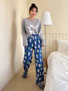DAZY Floral Print Drop Shoulder Tee & Pants Lounge Set - Grey - View 1