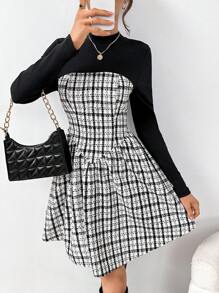 SHEIN Essnce 女式立領格紋連身裙 - 黑色 - 查看 4