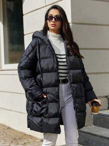 EURMUSE Women'S Loose Fit Hooded Padded Jacket - Black - View 1