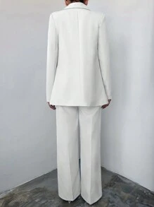 EURMUSE Solid Color Turn-down Collar Double-breasted Suit Set - White - View 2