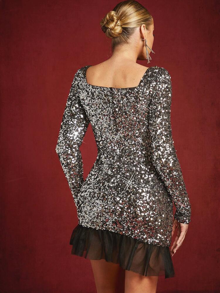Contrast Mesh Ruffle Hem Sequin Dress