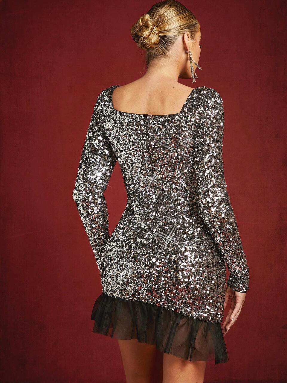 Contrast Mesh Ruffle Hem Sequin Dress