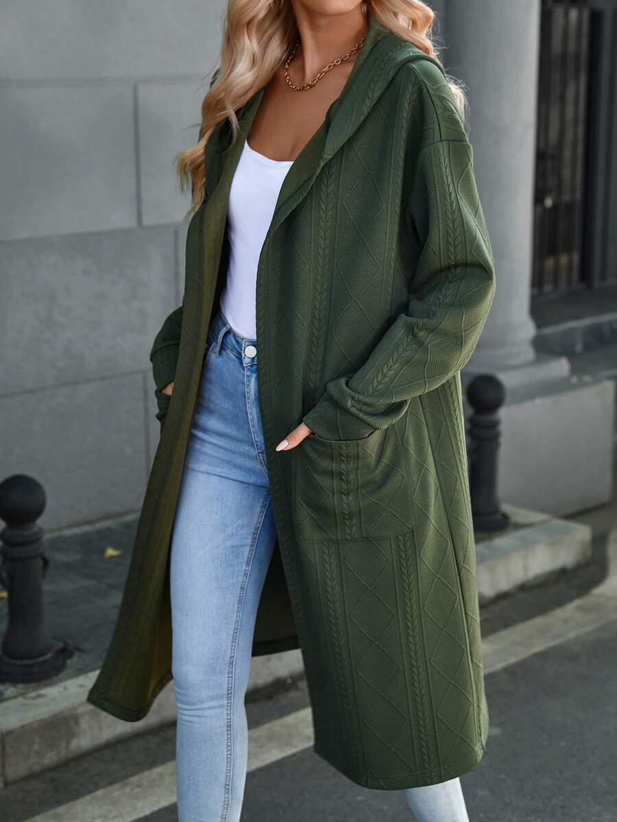 SHEIN LUNE 雙口袋下肩帶帽開衩外套 - 綠色 - 查看 1