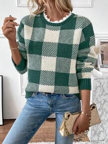 SHEIN LUNE Buffalo Karomuster Oversized Strickpullover für Herbst und Winter - Grün - Übersicht 6