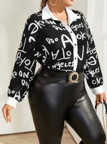 SHEIN Essnce Plus Letter Graphic Contrast Trim Shirt - Black and White - View 5