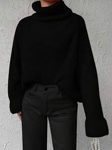 EURMUSE Solid Color Turtleneck Batwing Sleeve Sweater Fall - Black - View 3