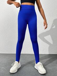 SHEIN 適合青少女的運動服,藍色無縫瑜伽褲,具有高彈性、塑形、提臀、可伸展、親膚、舒適、透氣、吸汗的特性,適合跑步、騎車、瑜伽和室內舞蹈 - 寶藍色 - 查看 3