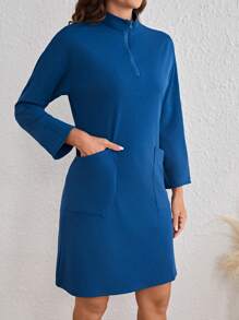 SHEIN LUNE Ziper Do Quarto Ajuste Solto Vestido Com Double Bolsos - Azul - Visão 6