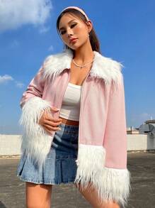 SHEIN EZwear 毛茸邊拉鏈開襟花呢外套 - 淺粉色 - 查看 5