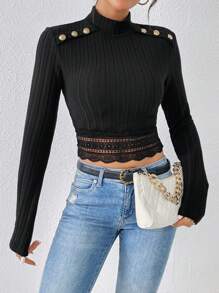 SHEIN Frenchy 蕾絲邊紐扣細節小高領短款T恤 - 黑色 - 查看 3