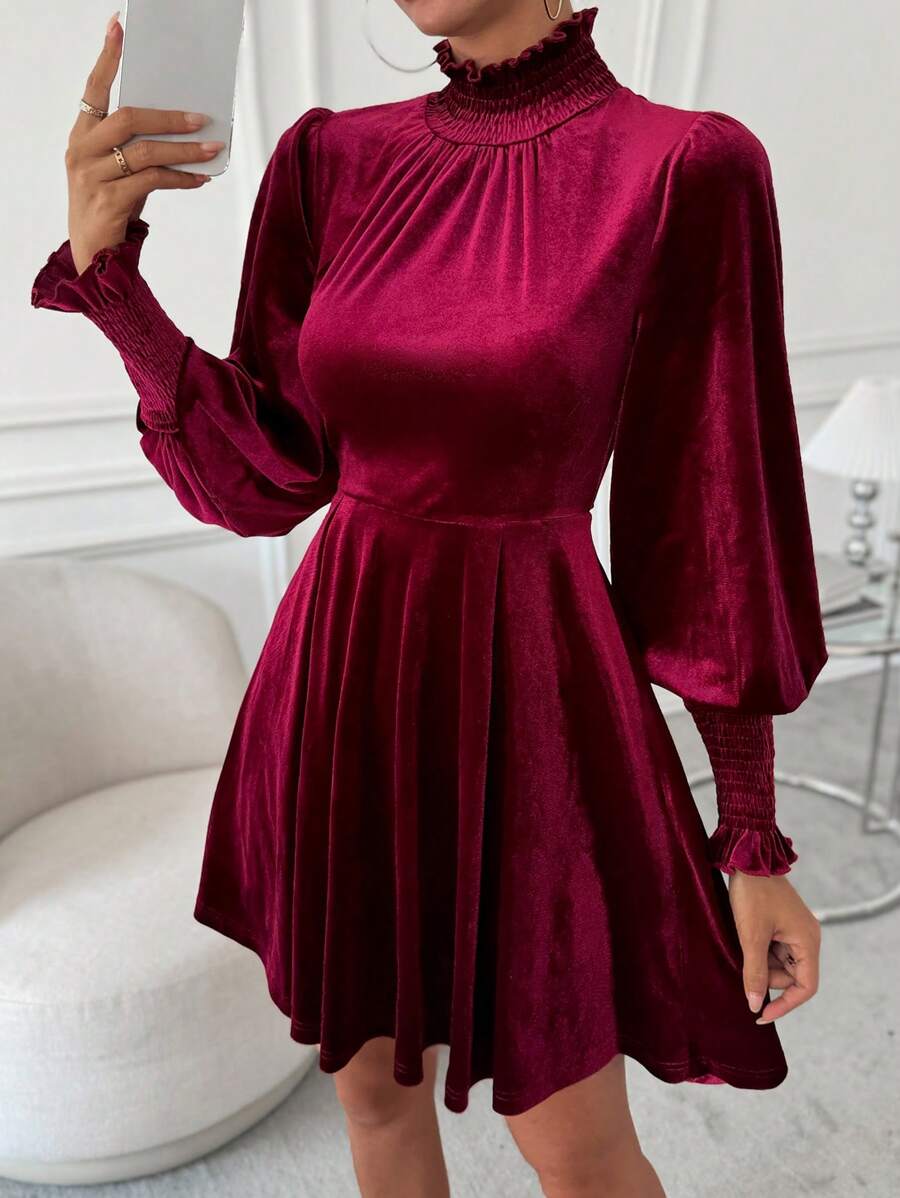 SHEIN Clasi Frill Trim Lantern Sleeve Velvet Dress