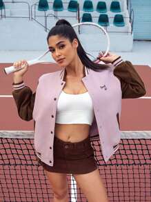 VARSITIE Letter Embroidered Colorblock Drop Shoulder Varsity Jacket,Women Tennis Outfit - Multicolor - View 5