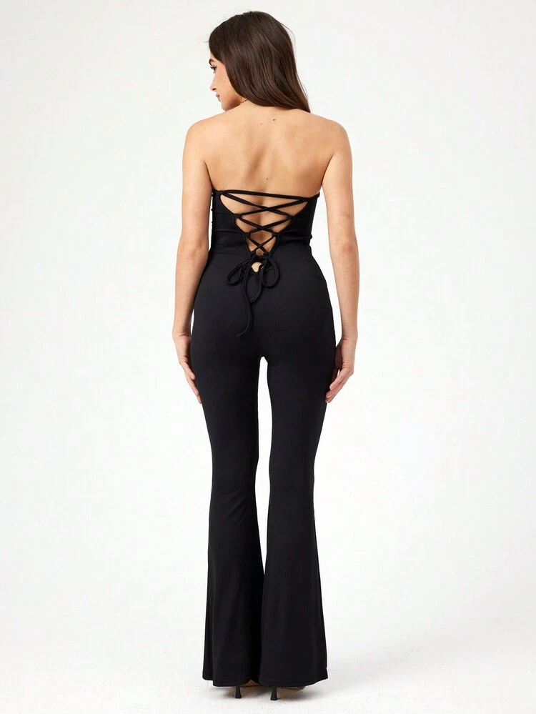 Lace Up Backless Flare Leg Tube Jumpsuit Without Jacket