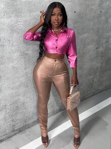 Slaydiva Button Front Crop Shirt & Metallic Pants