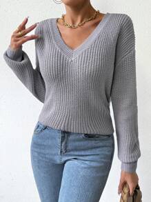 SHEIN Essnce 鏤空交叉圍裹後落肩袖套頭毛衣 - 淺灰色 - 查看 6