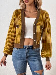SHEIN LUNE Họa tiết Toàn thân Tay áo lồng đèn Áo len Mở - Cà phê nâu - Xem 5