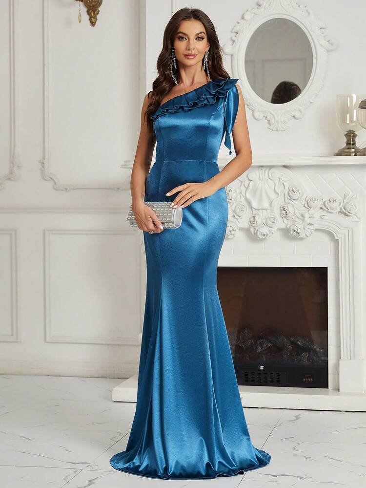 One Shoulder Ruffle Trim Mermaid Hem Bridesmaid Dress