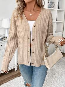 SHEIN Frenchy 女式純色落肩前紐扣開襟衫 - 卡其色 - 查看 3