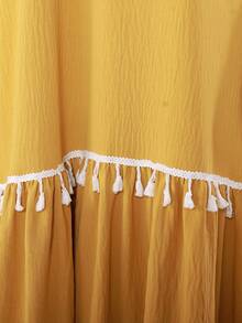 女式亮片刺绣流苏装饰翻领短袖连衣裙