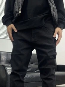 Manfinity EMRG 男士純色牛仔褲 - 黑色 - 查看 3