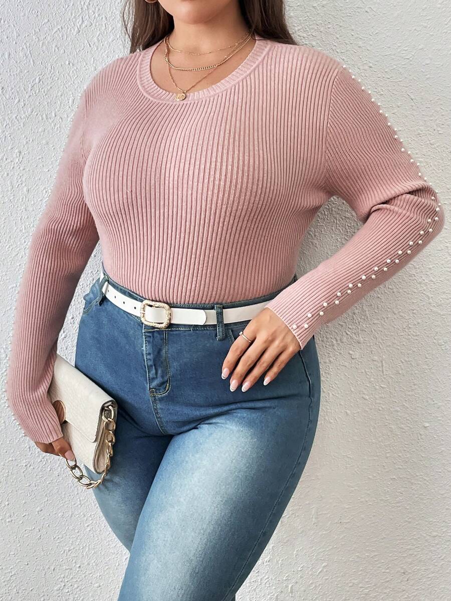 SHEIN Clasi Talla grande Jersey con cuenta de perla tejido de canalé - Rosa vieja - Ver 1