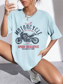 SHEIN Unity 女款摩托車信件印花下墜肩t恤 - 藍色 - 查看 1