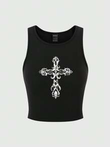 SHEIN Unity 女式简约印花无袖背心，休闲日常穿着 - 黑色 - 查看 1