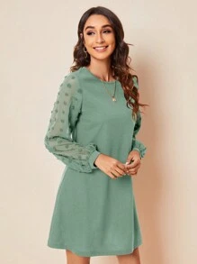 SHEIN Clasi Chấm Swiss Tay áo lồng đèn Đầm - Màu xanh Bạc hà - Xem 5