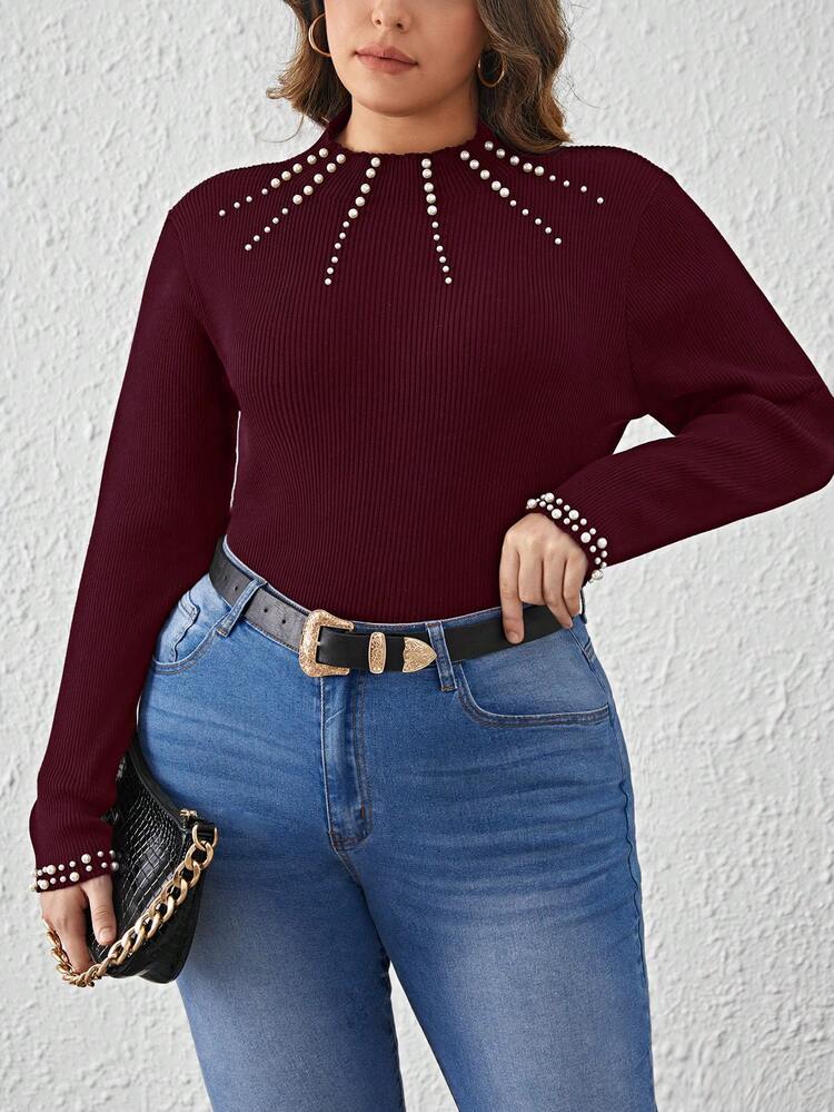 Women's Plus Size Pearl Embellished Skinny Pullover Sweater