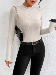 Chiquease Lettuce Trim Mock Neck Ribbed Knit Tee - Apricot - View 5