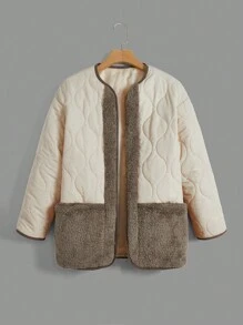 SHEIN EZwear Open Front Teddy Panel Padded Coat - White - View 4