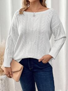 SHEIN LUNE 大碼網眼針織落肩袖套頭毛衣 - 白色 - 查看 1