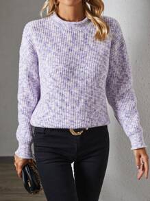 SHEIN LUNE Polka Dot Yarn Round Neck Drop Shoulder Sweater Knit Pullover Fall Winter Outfit - White - View 1