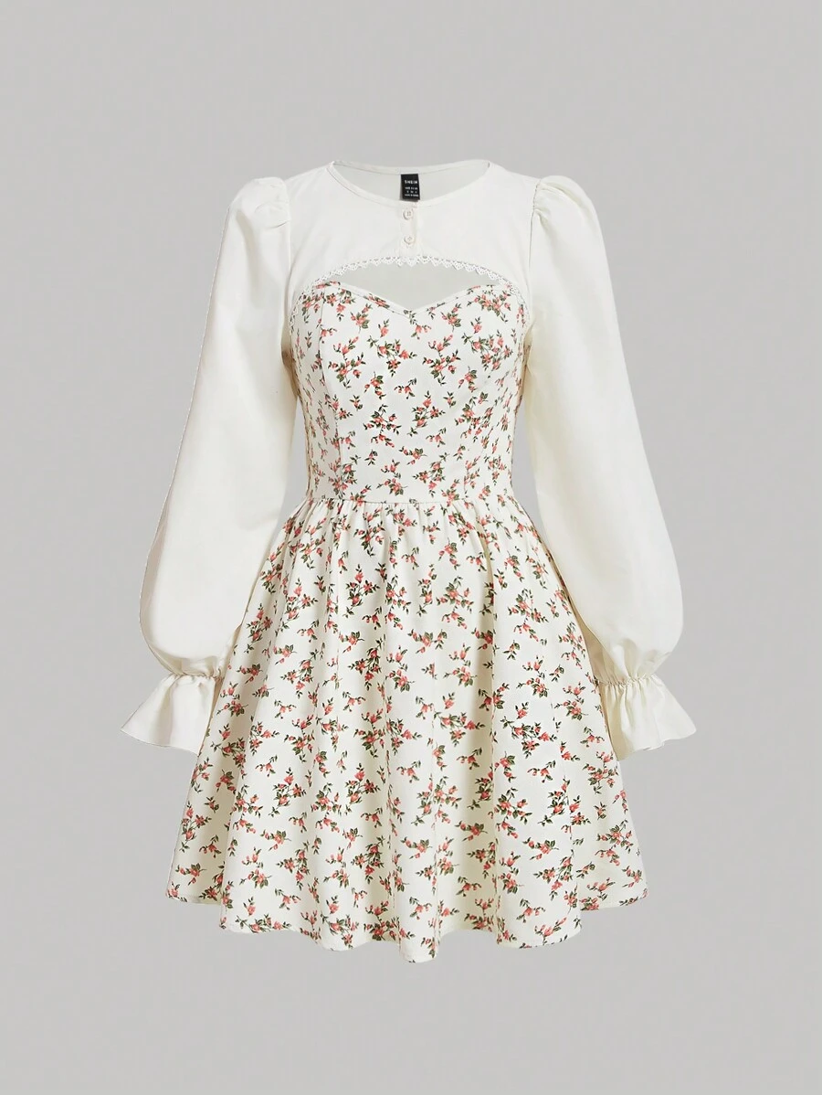 SHEIN MOD In hoa Ditsy tay áo lá sen Đầm - Nhiều màu - Xem 1