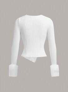 SHEIN Sweetina 毛茸茸袖口不對稱下擺套頭毛衣 - 白色 - 查看 7