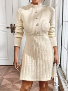 SHEIN Privé Solid Color Stand Collar Knitted Sweater Dress With Pearl Button And Ribbed Detail - Black - View 6