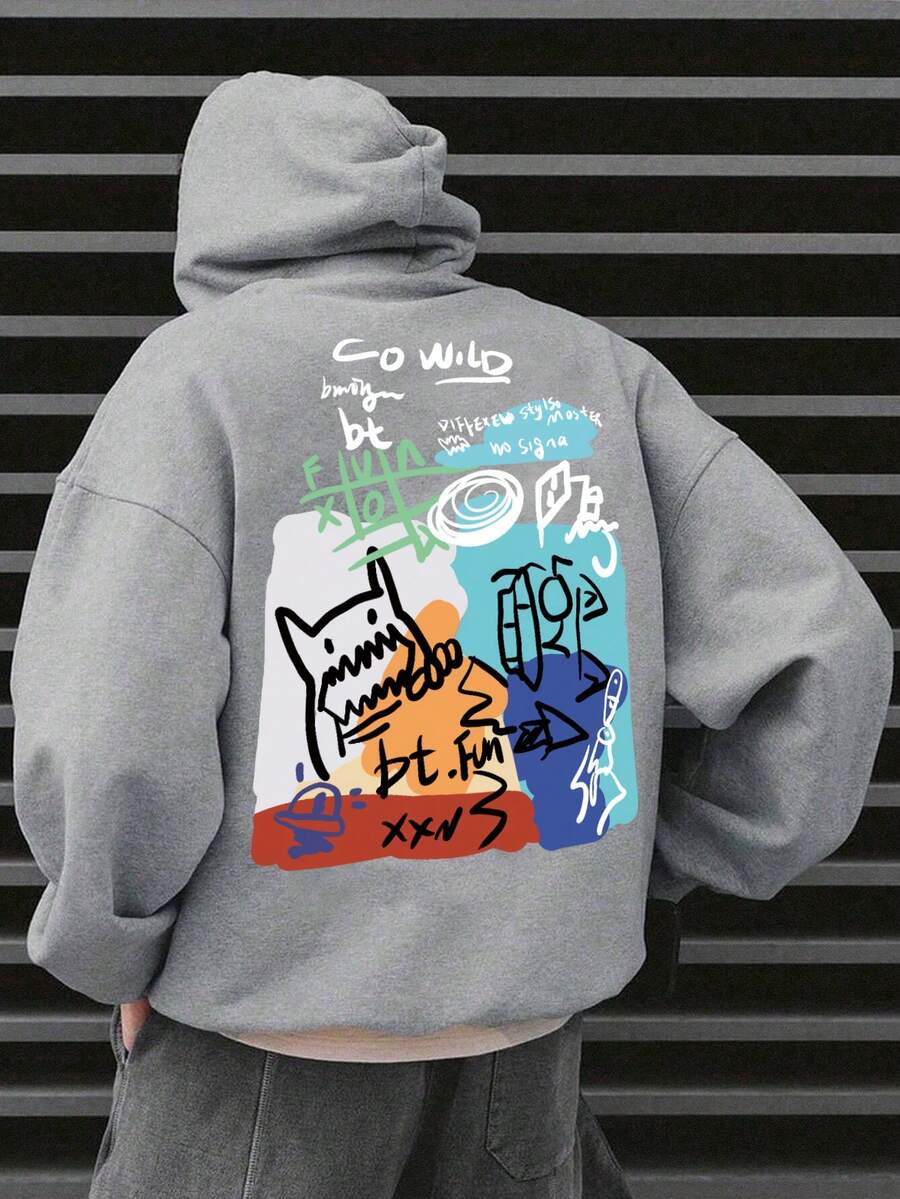 Hombres Capucha con estampado de letra y dibujos animados de hombros caídos con cordón - Gris - Ver 1