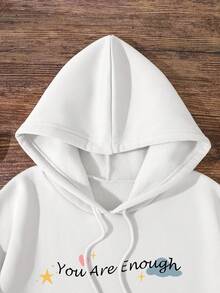 SHEIN EZwear 大碼連帽衛衣帶標語印花和抽繩 - 白色 - 查看 3