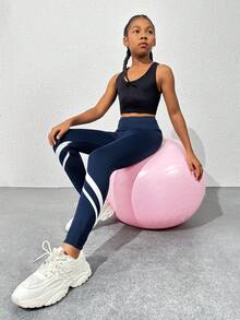 SHEIN 少女蓝色条纹印花瑜伽紧身裤，时尚运动紧身裤，适合户外运动、瑜伽、跑步、骑自行车、跳舞、网球、篮球、休闲装 - 藍色 - 查看 4