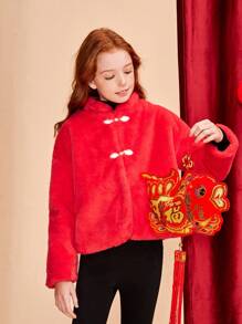 SHEIN Girls' Woven Plain Color Stand Collar Plush Jacket With Elegant Style - Red - View 1